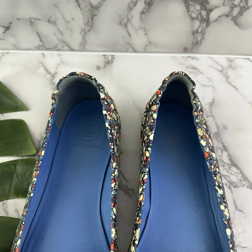 Tory Burch Womens Reva Ballet Flats Size 7 Blue Red Speckle Print Patent Leather
